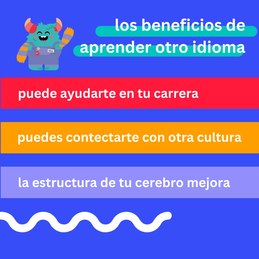 Infografía con tres beneficios de aprender otro idioma: carrera, cultura y cerebro