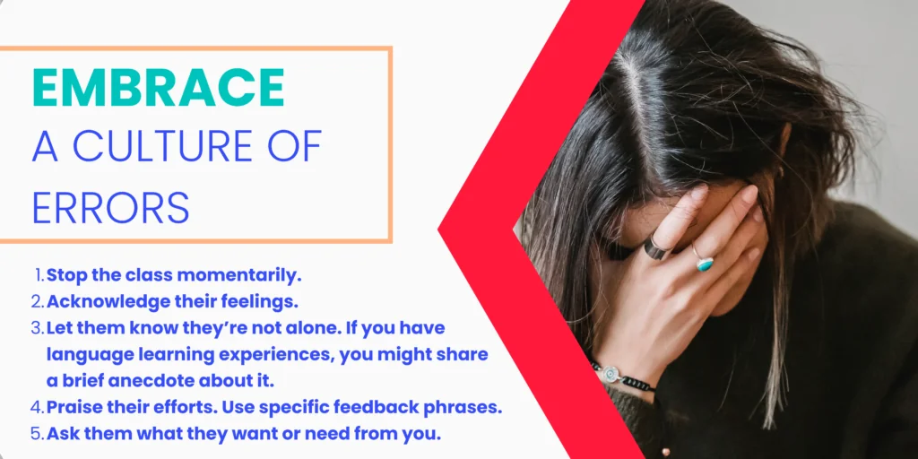Banner with a woman covering her face and the title 'Embrace a culture of errors' with five steps