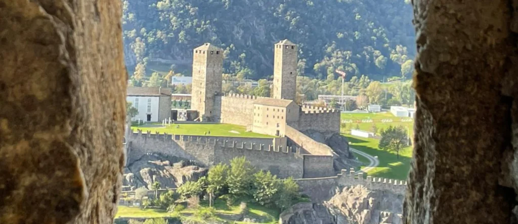 Castle in Bellinzona, Switzerland, seen through a stone opening