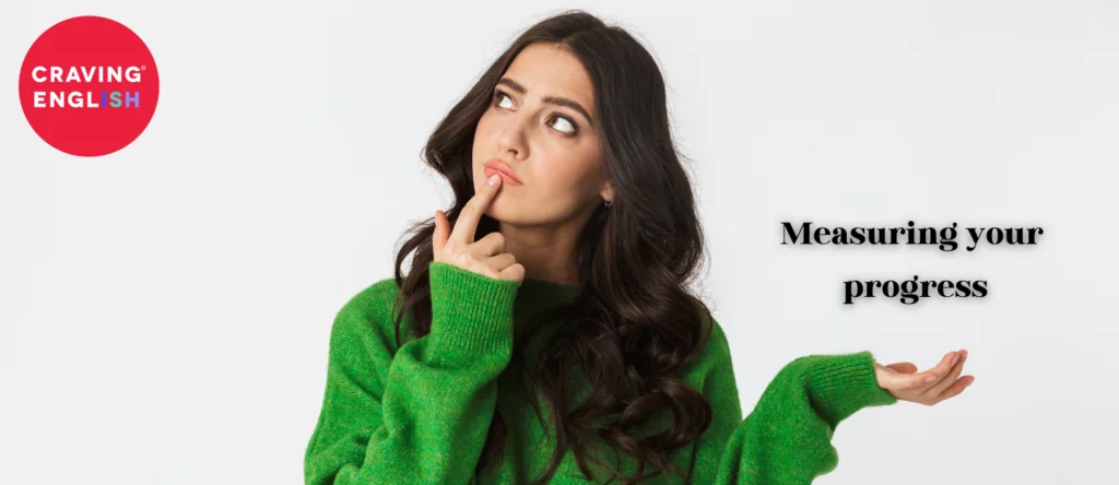 Thoughtful woman next to the text 'Measuring your progress'