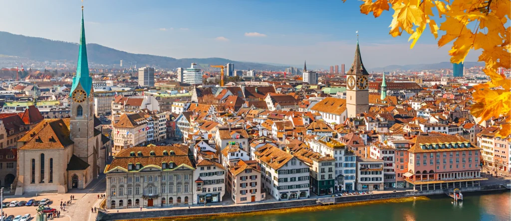 Panoramic view of Zurich, Switzerland, with its church towers and river