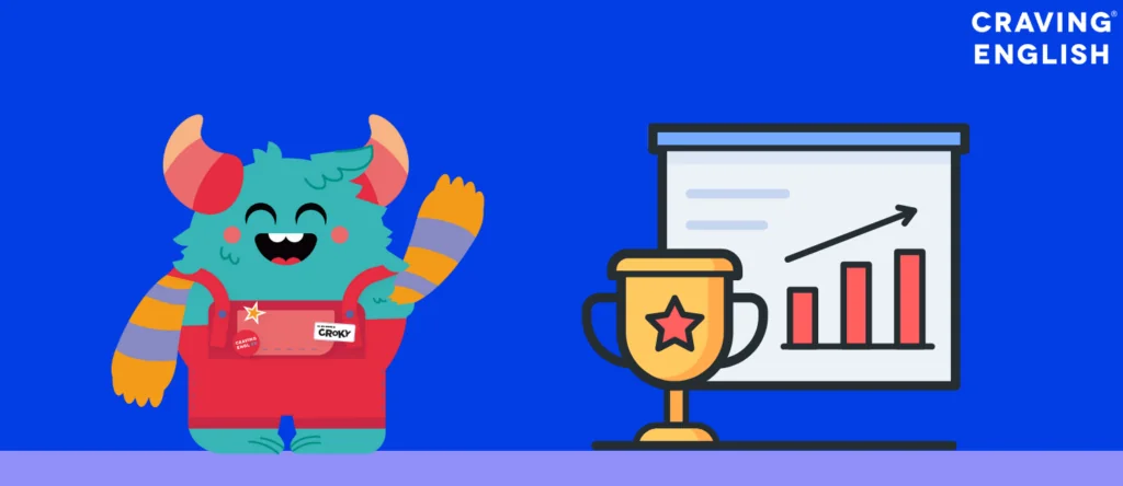 Craving English mascot Croky next to a trophy and a growth chart