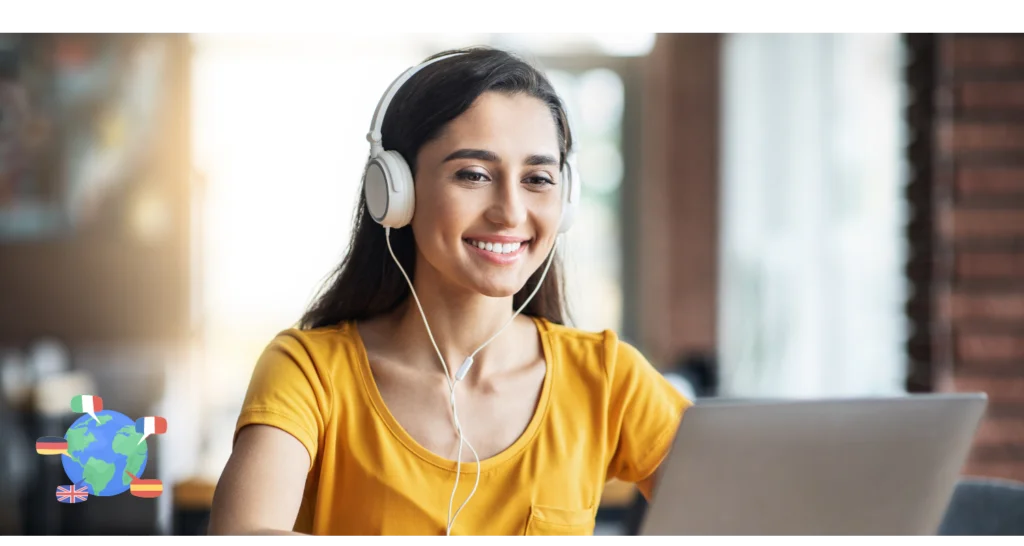 Smiling woman with headphones in front of her laptop and a globe with flags